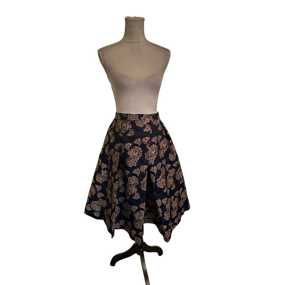 Endless Rose Floral A-Line Jacquard Pleated Skirt Navy Gold Size S/M Romantic
